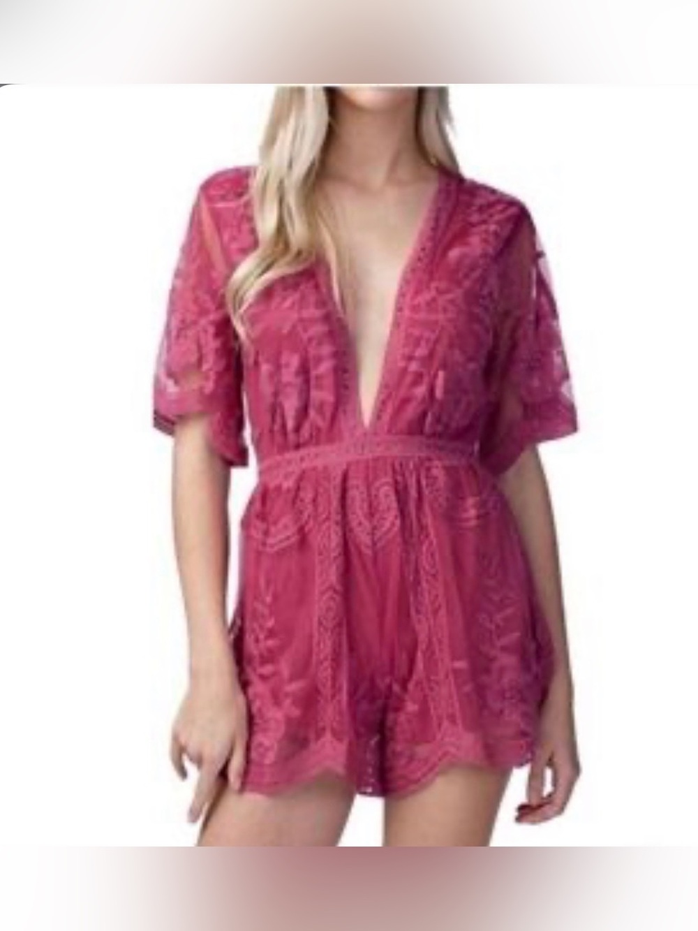 Wild Honey Lace Romper in Deep Pink